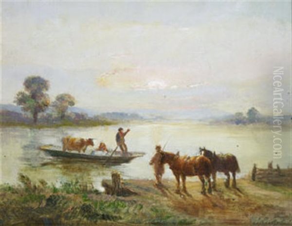 Evening By The River (+ Waiting For The Ferry; Pair) Oil Painting by Henry Earp