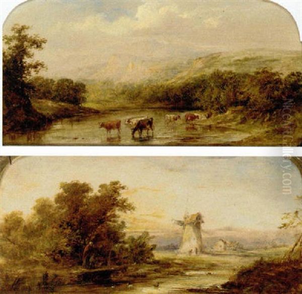 Cows Watering In A River Landscape Oil Painting by Henry Earp