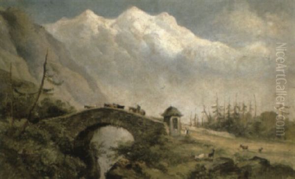 Cattle Crossing A Bridge In An Alpine Landscape Oil Painting by Henry Earp