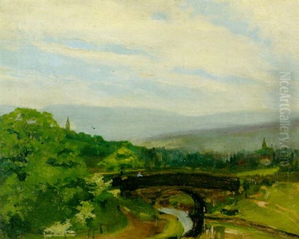 An Extensive Country Landscape With A Figure On A Bridge In The Foreground Oil Painting by Sir Alfred East