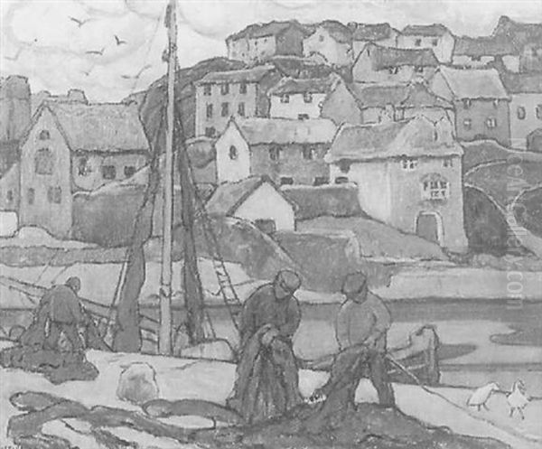 Fishermen Preparing Nets On A Wharf Oil Painting by Mary Alexandra Eastlake