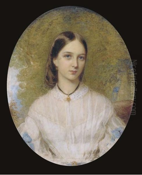 A Young Lady, Seated In White Dress With Lace Collar, Blue Ribbons At Her Elbows, Dark Hair, Wearing A Gold Necklace Suspended From A Black Ribbon; Landscape Background Oil Painting by Reginald Easton