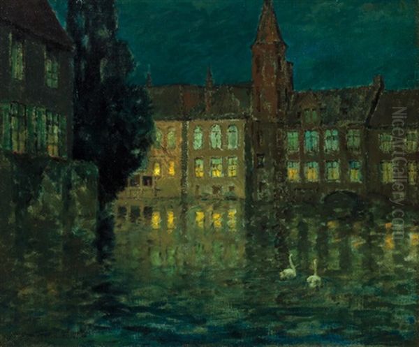 Swans In The Moonlight Oil Painting by Charles Warren Eaton