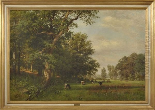 Weidende Kuhe Auf Waldlichtung Oil Painting by Fritz Ebel