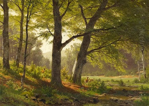 Rehe Auf Der Waldlichtung Oil Painting by Fritz Carl Werner Ebel