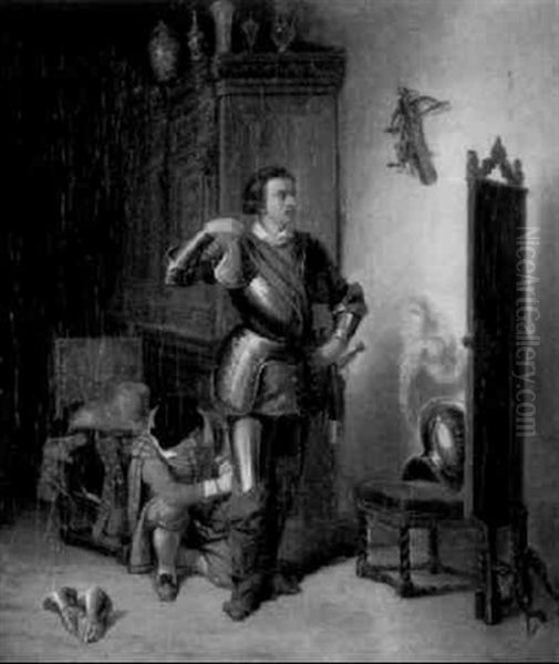In Einem Interieur Des 17. Jahrhunderts Legt Ein Englischer Adliger Seine Rustung An Oil Painting by Johann Jakob Eberhardt