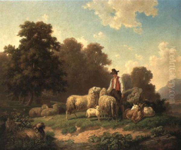 Hirtenknabe Mit Schafen Und Ziegen Oil Painting by Robert Eberle