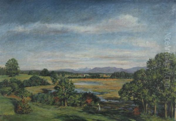 Oberbayerische Wiesenlandschaft Mit Bauerin Oil Painting by Hermann Ebers