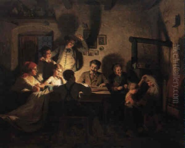 Zitherspiel Am Abend In Der Bauernstube Oil Painting by Anton Ebert