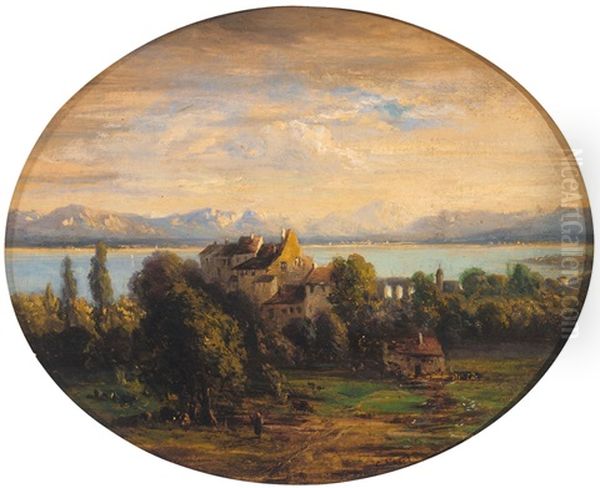 Blick Uber Mittelalterliche Hauser Auf Den Bodensee, Das Rheintal Und Gebirgspanorama Oil Painting by Carl Ebert