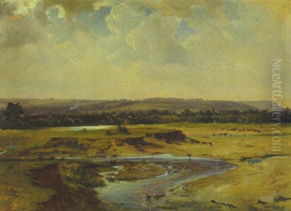 Fluslandschaft Mit Kuhen An Der Tranke Oil Painting by Carl Ebert