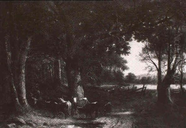 Hirte Mit Kuhen Und Schafen Am Waldrand Oil Painting by Carl Ebert