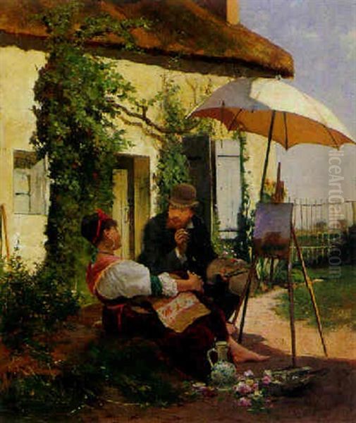 Maler Und Junge Frau Im Garten Oil Painting by Adolf Echtler