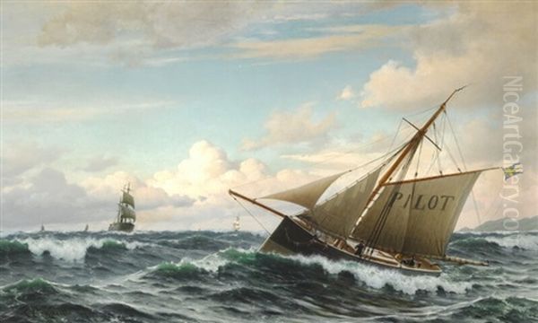 A Swedish Pilot Boat In High Sea Oil Painting by Christian Eckardt