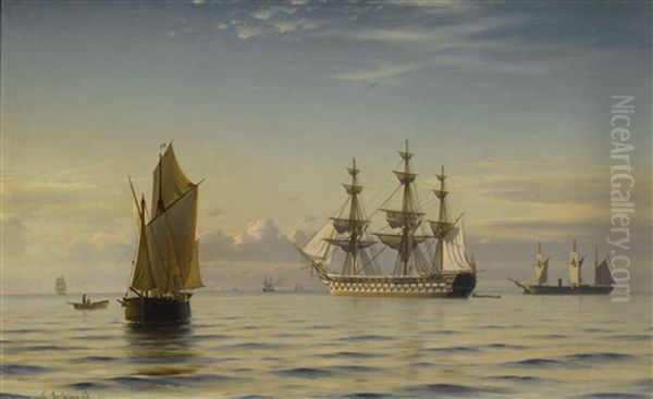 A Frigate And Other Ships On A Calm Sea Oil Painting by Christian Eckardt