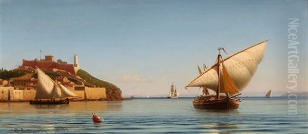 View From The Bay Of Kotor (catarro) With Sailing Ships And A Castle Oil Painting by Christian Eckardt