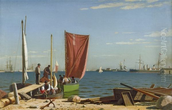 Boote Und Schiffe Mit Fischern An Einem Sonnigen Tag Im Hafen Oil Painting by Christian Eckardt
