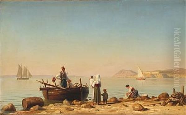 Coastal Scene From The Mediterranean Sea With Fishing Families Oil Painting by Christian Eckardt