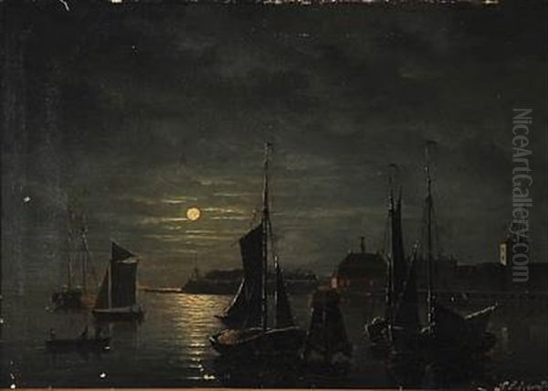 View From Copenhagen Harbour At Night Time Oil Painting by Christian Eckardt