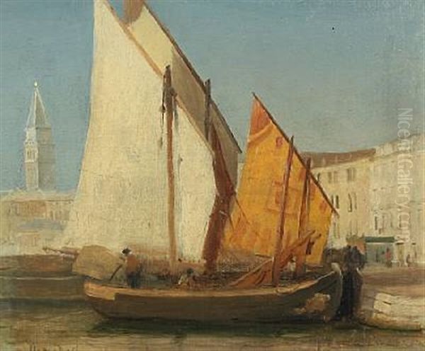 View From Venice With Ships Along The Quay, In The Background St. Mark's Campanile Oil Painting by Christian Eckardt