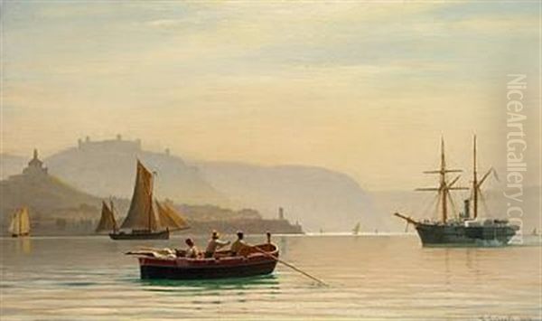Coastal Scene With Sailing Ships And A Fishing Boat With Three Men In The Foreground Oil Painting by Christian Eckardt