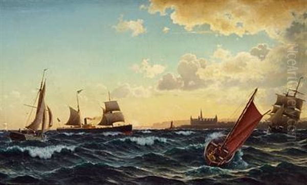 Sailing Ships In The Sound - Oresund Near Kronborg Oil Painting by Christian Eckardt