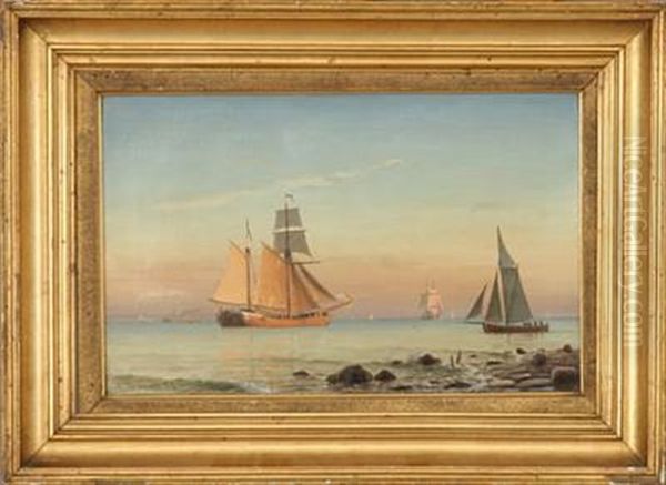 Ships At Sea In The Evening Sun Oil Painting by Christian Eckardt