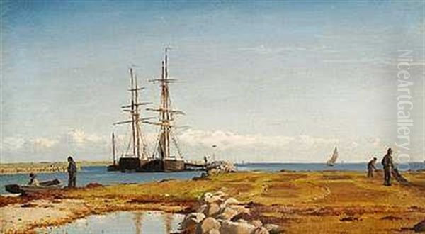 Kystparti Med Sejlskibe I En Havn, I Forgrunden Ordner Fiskere Deres Net Oil Painting by Christian Eckardt