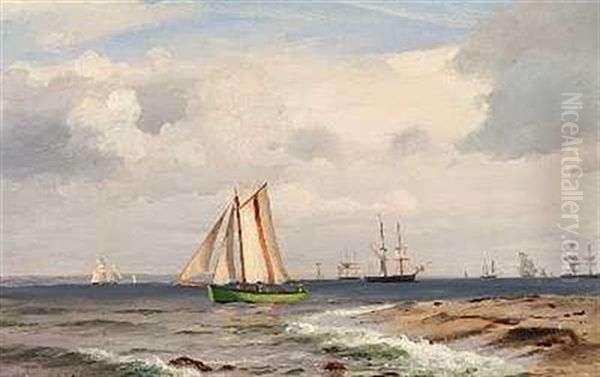 Talrige Skibe Ud For Kysten, I Forgrunden En Lodsbad Oil Painting by Christian Eckardt