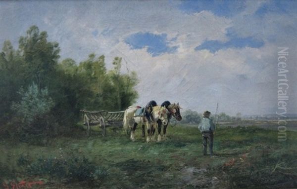 Ekart_g. En Bonde Holder Hvil, Ved Hans Side To Heste Forspaendt Vogn Oil Painting by Christian Eckardt
