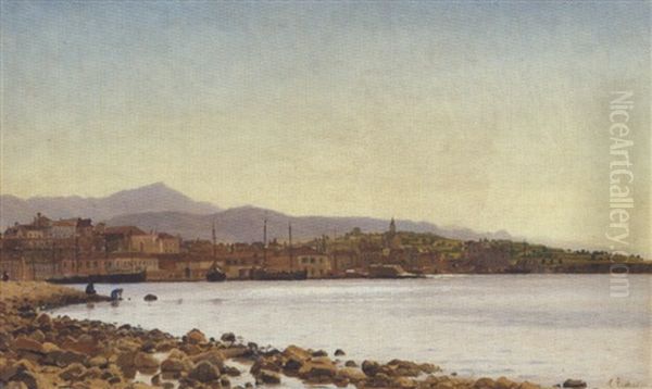 Kystparti Med Udsigt Mod En By Oil Painting by Christian Eckardt