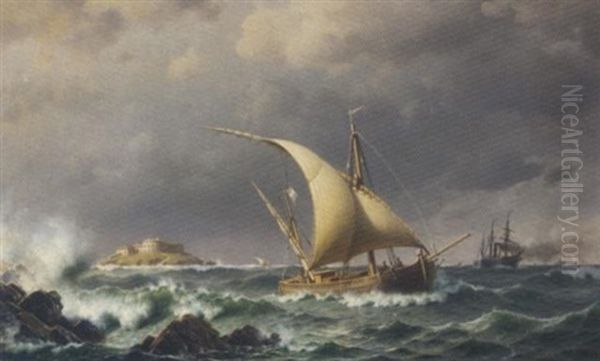 Latvian Coastal Craft And A Paddle Steamer In The Bay Of Riga, With A Fortified Island Beyond Oil Painting by Christian Eckardt