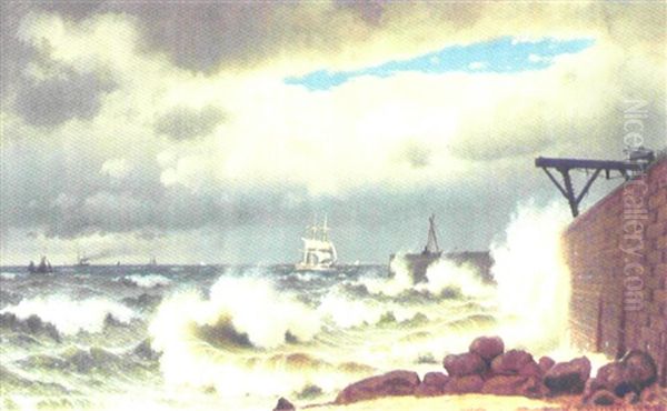 Marine Med Talrige Sejlskibe Naer Mole Oil Painting by Christian Eckardt