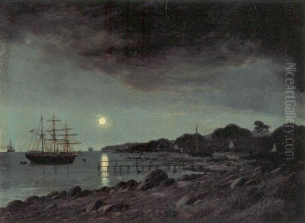 Manebelyst Kystparti Med Sejlskibe Pa Havet Oil Painting by Christian Eckardt