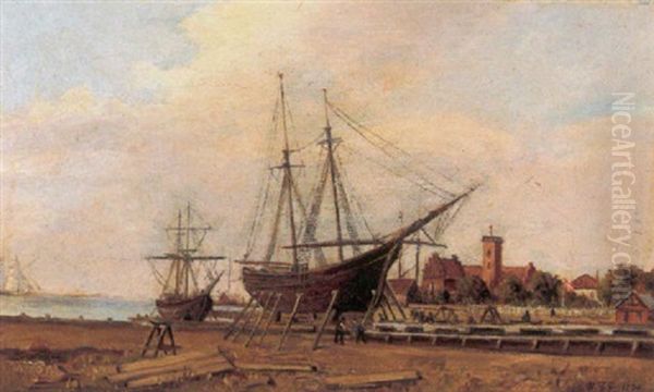 Parti Fra En Dansk Provinsby I Forgrunden Skibe Pa Bedding Oil Painting by Christian Eckardt