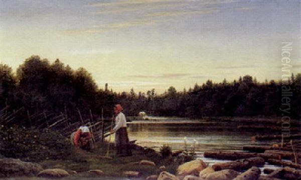 Hostfolk Ved En So Med Tommerfladning Oil Painting by Christian Eckardt