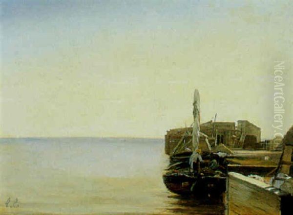 Stille Vand Med Fiskerbad, Der Laegger Til Oil Painting by Christian Eckardt