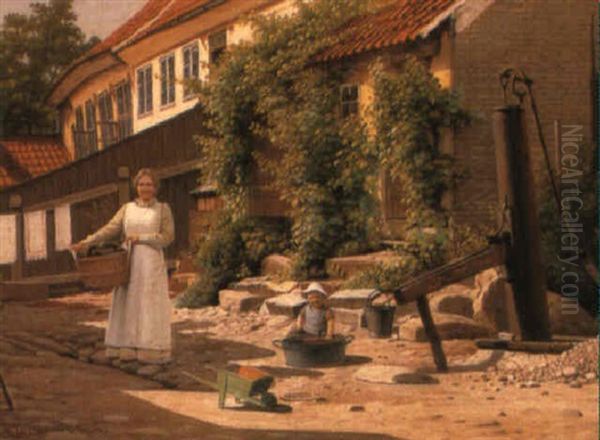 A Mother And Child By A Well, Kalundberg Oil Painting by Christian Eckardt