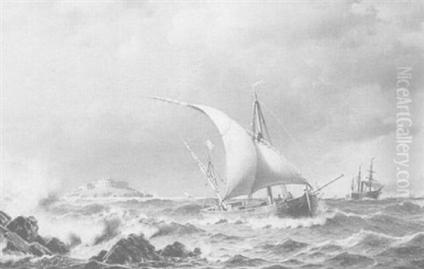 Ships Off The Coast Oil Painting by Christian Eckardt