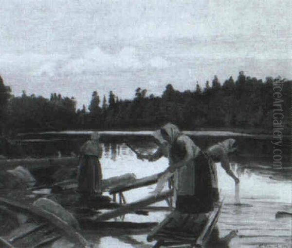 Vaskekoner I Faerd Med At Vaske Ved En So Oil Painting by Christian Eckardt