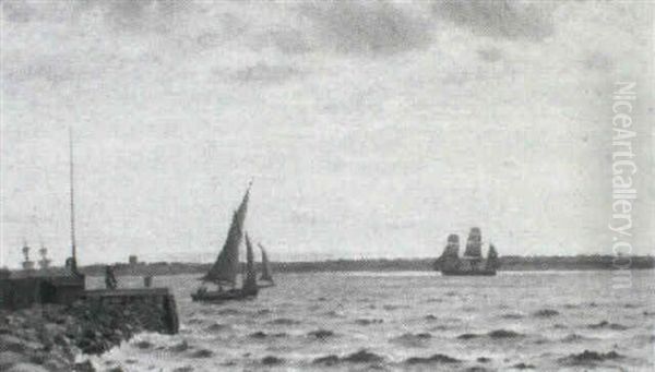 Fjordparti Med Sejlskibe, I Forgrunden Mole Oil Painting by Christian Eckardt