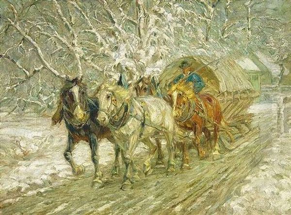 Vierergespann Mit Schlitten Oil Painting by Friedrich Eckenfelder