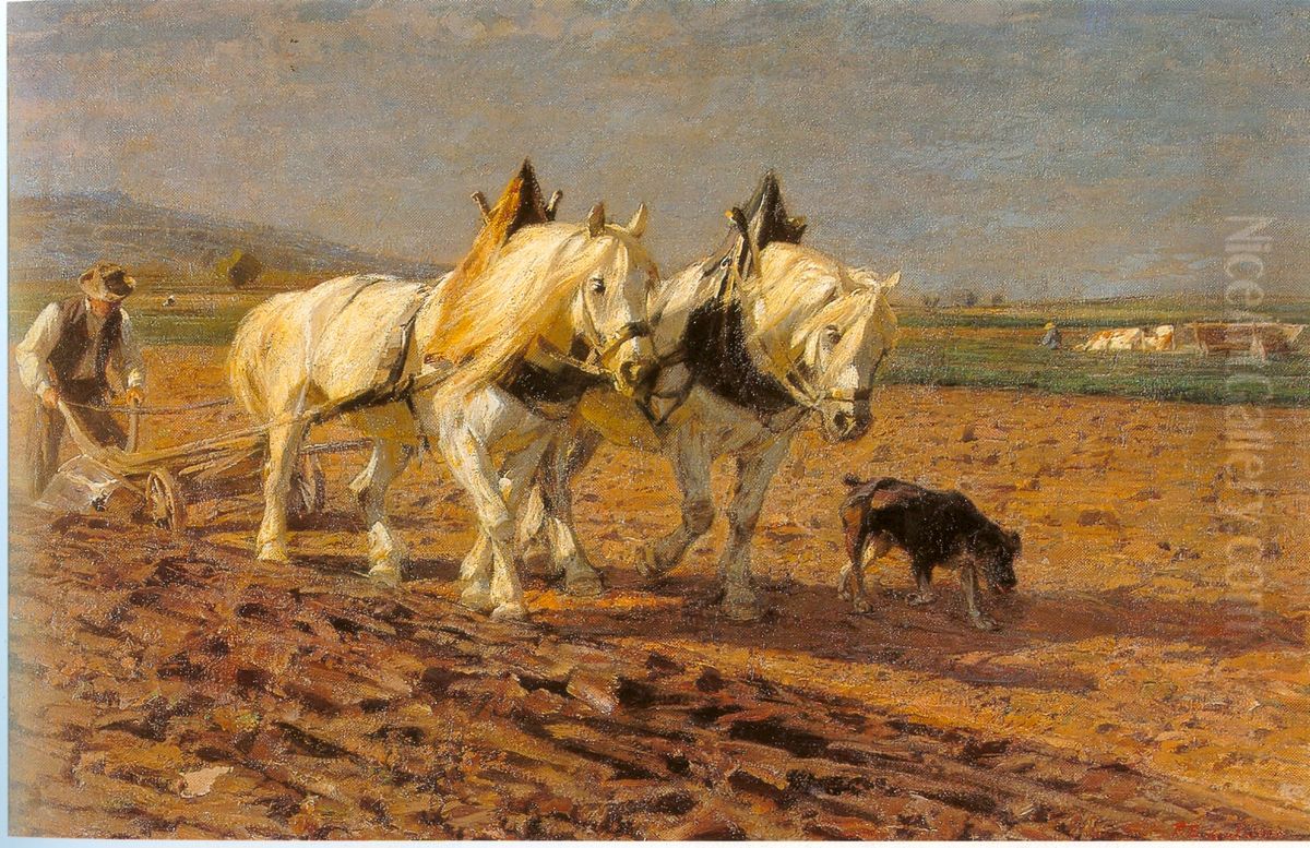 Zwei Pflugende Schimmel Oil Painting by Friedrich Eckenfelder