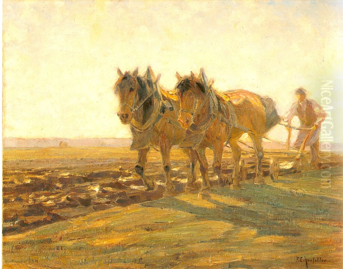 Zwei Pflugende Braune Bei Dachau Oil Painting by Friedrich Eckenfelder