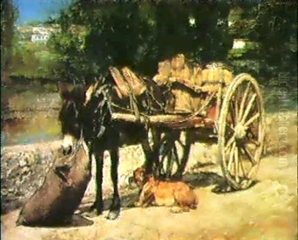 Maultier Mit Umgehangtem Futtersack, Das Einen Beladenen    Zweiadkarren Zieht Oil Painting by Friedrich Eckenfelder