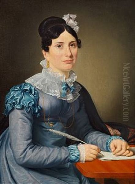 A Portrait Of Sarah Wolff Nee Cruttendon In A Blue Dress, ?writing A Letter Oil Painting by Christoffer Wilhelm Eckersberg