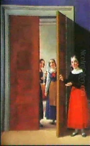 En Pige Abner En Dor, Indenfor Ser Man Nogle Andre Oil Painting by Christoffer Wilhelm Eckersberg