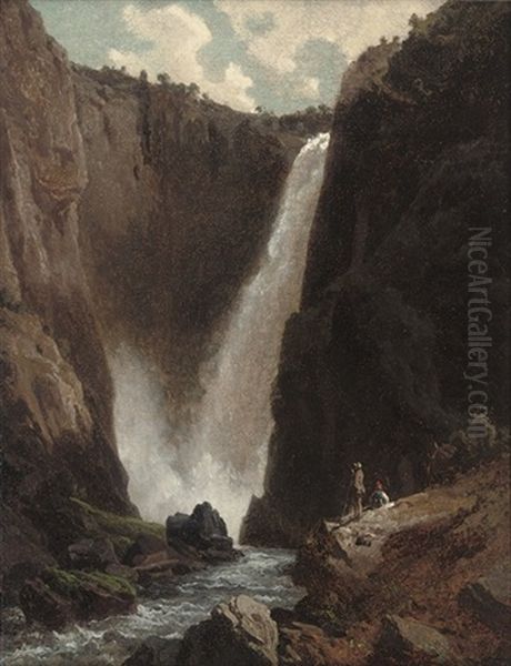 Hikers Before A Waterfall Oil Painting by Johan Fredrik Eckersberg