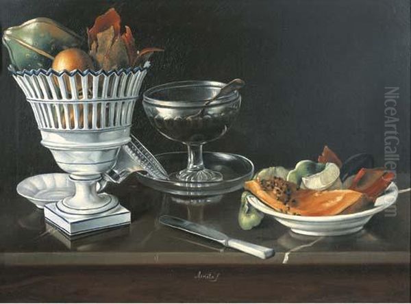 Naturaleza Muerta Con Papaya Y Limon Oil Painting by Jose Agustin Arrieta