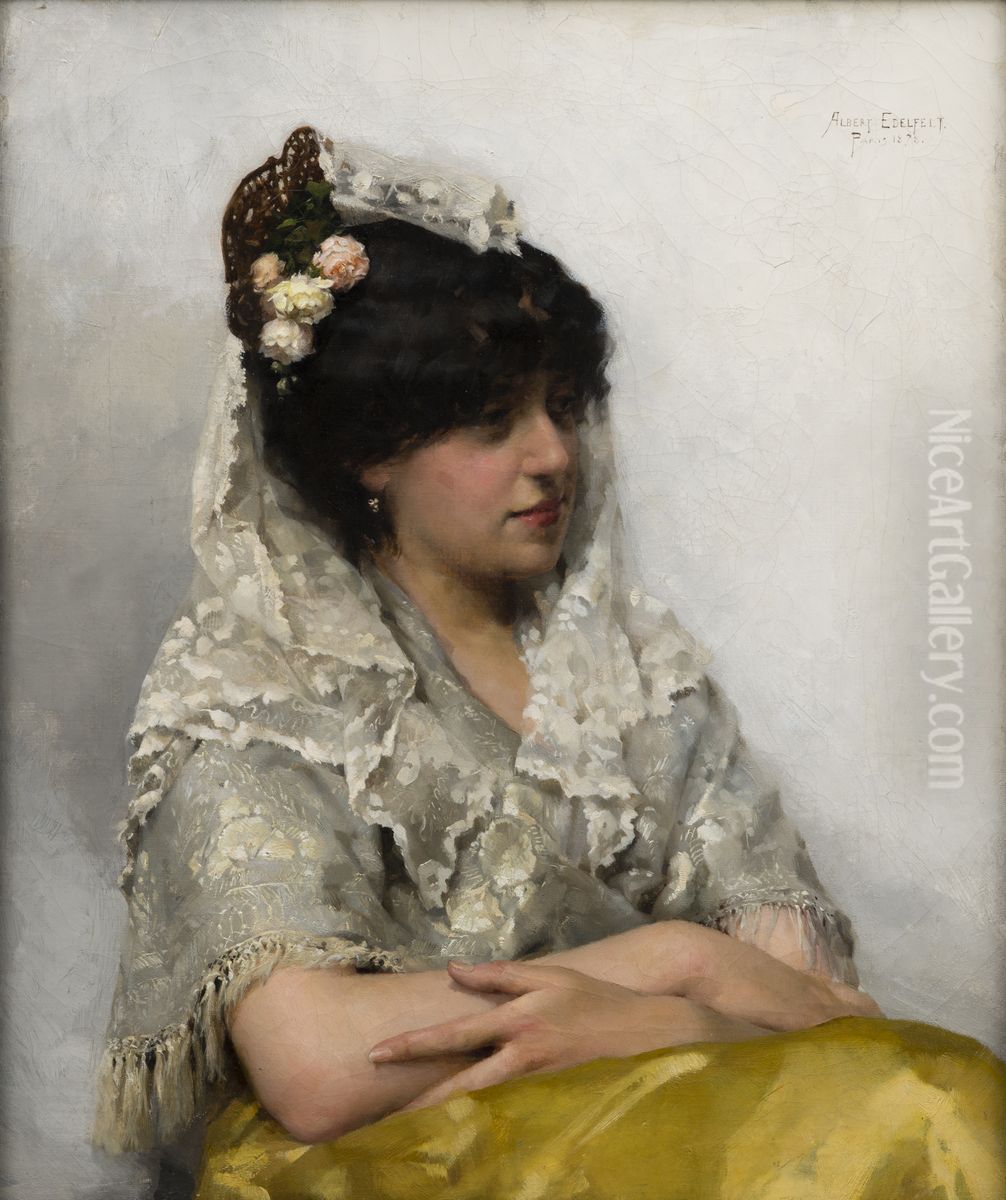 White Mantilla (la Senorita) Oil Painting by Albert Edelfelt